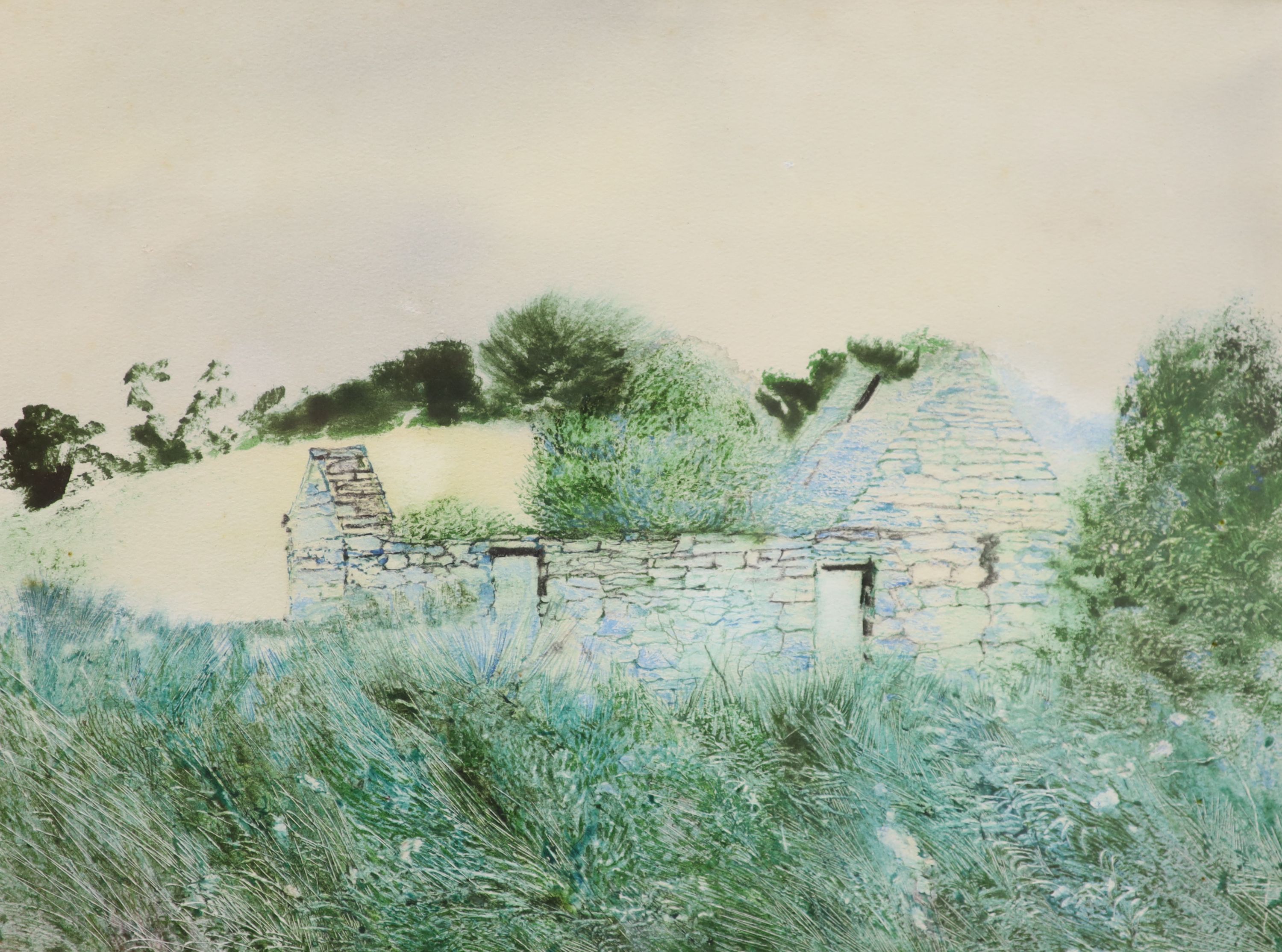 Philip Crenell, mixed media, Ruin at Drummonread, 28 x 37cm, and a Maud Earl print of terriers